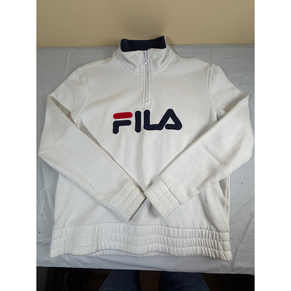 Fila Womens Quarter Zip Sweatshirt Cream White Logo Pullover Fleece Small